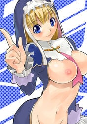 1girls airy_ardet areola between_breasts blonde_hair blue_eyes breasts busty cleavage clothes_between_breasts clothing eyes hair large_breasts medium_breasts navel nipples nun nun's_habit pointy_chin shining_(series) shining_hearts smile voluptuous