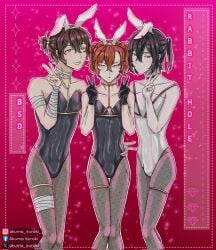 3boys akuma_kuroki bandage bandaged_neck black_bunnysuit black_hair blue_eyes blush brown_eyes brown_hair bulge bulge_through_clothing bungo_stray_dogs bungou_stray_dogs bunny_boy bunny_costume bunny_ears bunnyboy bunnysuit chuuya_nakahara cold_stare colored dark_hair dazai_osamu fishnets flirting frown fyodor_dostoevsky gold_band hand_on_hip hand_on_waist hip_grab leotard light_blush long_hair male male_only multiple_boys nakahara_chuuya no_sex osamu_dazai pantyhose peace_sign pigtails ponytail purple_eyes red_hair skinny skinny_male smile standing standing_up thin thin_male tights white_bunnysuit