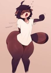 ass big_butt bottom_heavy brown_body brown_hair canid canine clothing hair hi_res huge_butt kk_(kkoart) kkoart male mammal open_mouth raccoon_dog scratching scratching_butt shirt solo stretching tail thick_thighs topwear yawn