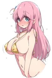 bikini blue_eyes blush bocchi_the_rock! breasts cleavage covered_erect_nipples cube_hair_ornament female full-face_blush gold_bikini gotoh_hitori hair_between_eyes hair_ornament highres long_hair looking_at_viewer mel_(melty_pot) navel one_side_up open_mouth pink_hair simple_background solo swimsuit white_background