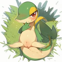 blush blush brown_eyes color coloured grass green_body green_scales pokemon pokemon_(species) presenting_pussy smile smiling smiling_at_viewer smug snivy spread_legs spreading tagme tagme_(artist) tan_belly unknown_artist