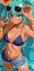 1girls aqua_eyes aqua_hair bare_shoulders bikini bikini_under_clothes blue_bikini bracelet brazil brazilian brazilian_female brazilian_miku commentary curvy dark_skin denim denim_shorts english_commentary eyewear_on_head female flower green_nails grin hair_flower hair_ornament hands_up hatsune_miku highres jewelry laz_gm long_hair looking_at_viewer nail_polish navel open_fly orange_flower short_shorts shorts smile solo standing stomach sunglasses swimsuit thong thong_bikini twintails very_long_hair vocaloid w wading water wide_hips yellow_nails