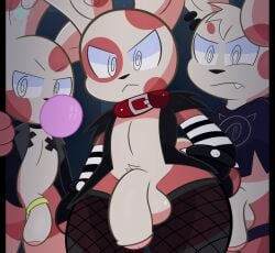 angry anthro balls blowing_bubble_gum bubble_gum clothing collar ear_piercing fangs femboy fishnet_clothing fishnet_legwear floppy_ears foreskin fur generation_3_pokemon genitals group hi_res humanoid_genitalia humanoid_penis legwear male mintytempest nintendo pasties penis piercing pokemon pokemon_(species) ring spinda spiral_eyes teeth trio