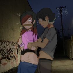 1boy 1cuntboy 1girl ahe_gao black_hair bleached_hair bloodyvamp brown_nipples brown_skin cuntboy dark-skinned_male dark_penis emo intersex moaning moaning_in_pleasure nonconsensual oc original_character outdoors rape red_hair stalker tied_up