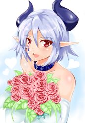 artist_request bare_shoulders blue_hair blush bouquet bride bunch choker collar demon_girl dress female flower happy heart horns light_blue_hair mamono_girl_lover monster_girl monster_girl_encyclopedia open_mouth pointy_ears red_eyes rose rose_bouquet short_hair silver_hair smile solo strapless strapless_dress succubus tattoo wedding_dress wilmarina_noscrim