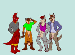 anthro balls blush bottomless canine clothing ear_piercing erection eyebrow_piercing facial_piercing fox fur furry gay hands_on_hips humanoid_penis iguana lip_piercing lizard male mapdark no_humans penis piercing scalie shirt shirt_lift toned wolf