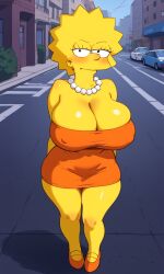 ai_generated angry cleavage colored_skin covered_erect_nipples front_view huge_breasts lisa_simpson looking_at_viewer orange_dress pearl_necklace shortstack skindentation standing street taut_clothes the_simpsons thick_thighs wide_hips yellow_skin zakvar