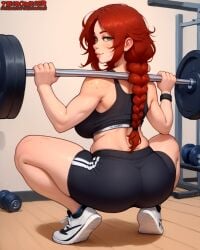 ai_assisted ai_generated back_view freckles freckles_on_face g green_eyes gym lifting looking_at_viewer looking_back muscular muscular_female red_hair shorts sports_bra squat squatting thecoomjurer