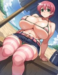 1girls ai_generated beach belt bikini bikini_top breasts denim denim_shorts goonedoutp3rv green_eyes huge_breasts iihara_nao large_breasts pink_hair pink_thighhighs resort_boin solo thighhighs