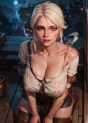 ai_generated big_breasts breasts ciri clothing eepol female green_eyes light-skinned_female looking_at_viewer night nipples_visible_through_clothing scar solo the_witcher_(series) the_witcher_3:_wild_hunt wet_body white_hair