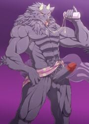 abs anthro balls bathym_(tas) blep broken_(artist) canid canine canis censored demon erection fluffy fluffy_tail fur genitals hi_res horn humanoid_genitalia humanoid_penis lifewonders looking_at_viewer male mammal mane mosaic_censorship muscular muscular_male nude penis purple_body purple_fur smile solo tail tokyo_afterschool_summoners tongue tongue_out towel towel_only wolf