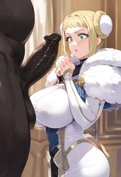 1boy 1girls ai_generated blonde_hair cock_worship dark-skinned_male fire_emblem fire_emblem_heroes green_eyes henriette_(fire_emblem) huge_breasts imminent_sex interracial large_breasts large_penis larger_male milf nintendo older_female penis_awe penis_in_front_of_face praying queen shocked_expression suprised_look tagme tharkica