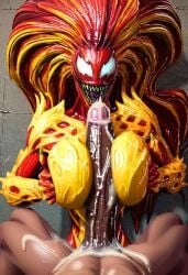 3d ai_generated boobjob dark-skinned_male excessive_cum huge_cock hyper_penis marvel marvel_comics mary_jane_watson scream_(spider-man) symbiote titjob will_of_ai