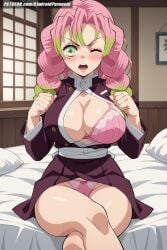 ai_generated aindroidparanoid bedroom big_breasts braid braided_ponytail breasts busty cameltoe cleavage crossed_legs curvy demon_slayer female female_only green_eyes green_hair huge_breasts indoors kanroji_mitsuri kimetsu_no_yaiba large_breasts lingerie multicolored_hair nipples pink_hair sitting stable_diffusion twintails upset voluptuous