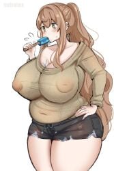 1girls artist_name bags_under_eyes black_shorts blush breasts brown_hair cleavage collarbone commentary covered_erect_nipples covered_navel cowboy_shot earrings food food_in_mouth hair_between_eyes hi_res holding holding_food holding_popsicle huge_breasts inverted_nipples jewelry long_hair long_sleeves neet_girl_(noiretox) noiretox original plump ponytail popsicle popsicle_in_mouth see-through see-through_shirt shirt short_shorts shorts sidelocks simple_background solo sweatdrop thick_thighs thighs white_background yellow_eyes