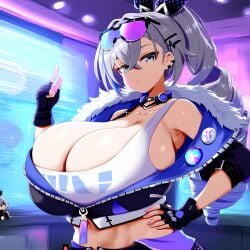 :< ai_generated alternate_breast_size ameanon armpits big_breasts breasts cleavage drill_hair expressionless fingerless_gloves gloves grey_eyes grey_hair hand_on_hip honkai:_star_rail huge_breasts large_breasts mihoyo ponytail sideboob silver_wolf_(honkai:_star_rail)