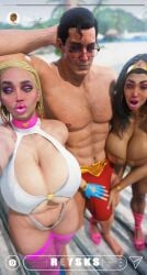 3d 3some big_breasts bikini blender blonde_hair blue_eyes breasts clark_kent dc dc_comics diana_prince huge_breasts injustice_2 kal-el kara_danvers kara_zor-el karen_starr large_breasts legs looking_pleasured pink_nipples power_girl rysketches suicide_squad:_kill_the_justice_league supergirl superman superman_(series) thick thick_thighs threesome wonder_woman