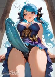 1female 1girls ai_generated blue_dildo blue_eyes blue_hair dress gwen_(league_of_legends) league_of_legends looking_at_viewer looking_down pov solo solo_female solo_focus standing strap-on strapon studded_dildo tagme viewed_from_below viviai wet