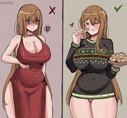 1girls big_breasts black_sweater blush breasts brown_hair chewing chocolate_chip_cookie christmas christmas_sweater cleavage closed_eyes clothed clothing cookie dress female female_only food green_eyes hair_between_eyes happy heart holding holding_cookie holding_food holidays long_hair long_sleeves neet neet_girl_(noiretox) no_pants noiretox original panties pink_panties plump red_dress scratching scratching_belly sleeveless sleeveless_dress solo solo_female squiggle sweater underwear