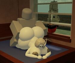 3d ahoge anal_sex arched_back backshots brick_wall dummy_(roblox) goofylookin grey_areola grey_hair hands_on_ass horns large_breasts liao_(goofy_lookin) on_bed on_stomach open_window paddle_ship roblox self_upload sex_from_behind white_skin wink