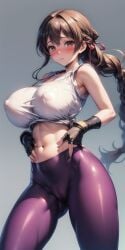 ai_generated areola_bulge areolae_visible_through_clothing ass_visible_through_thighs big_breasts braid braided_ponytail brown_eyes brown_hair cameltoe clothed fat_breasts female gloves hands_on_hips king_of_fighters long_hair nipple_bulge nipples_visible_through_clothing ponytail sweatdrop tank_top thick white_shirt yoga_pants yuri_sakazaki