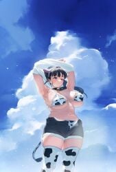 1girls armpits arms_up artist_request bikini_top black_hair cloud cow_print scenery shorts sky tagme