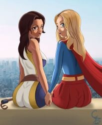 2025 2d 2d_(artwork) 2girls artist_name ass blonde_hair blue_eyes brown_eyes brown_hair bubble_ass bubble_butt cape city_background clothed clothed_female cockstar_studios cute_girl dc dc_comics dcu female female_only hawkgirl hawkgirl_(dcu) interspecies isabela_merced kara_zor-el latina looking_at_viewer looking_back mace melee_weapon multiple_girls peruvian_female questionable sfw signature skirt supergirl supergirl_(dcu) superheroine superman_(2025) superman_(series) text urban weapon
