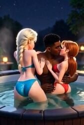 2girls ai_generated ai_video animated anna_(frozen) bikini dancing dark-skinned_male elsa_(frozen) frozen_(film) interracial kissing light-skinned_female night sound tagme video water
