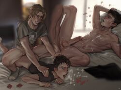2boys after_sex bed bite_mark blush clenched_teeth condom cum cum_on_body cum_on_face desikeera dialogue doggy_style drooling eyes_rolling_back gay jack_(desikeera) liam_(desikeera) moaning open_mouth partially_clothed pulling_hair scars self_harm_scars socks sweat teenager text young