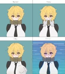 1girls 1other black_necktie blodne_hair blonde-haired_female blush blushed_face blushing_at_viewer blushing_female breasts collar don_quixote_(limbus_company) empty_eyes female glitch hand_on_breast horny index_(identity)_(project_moon) index_don_quixote large_breasts limbus_company long_sleeves looking_at_viewer meme myago necktie project_moon shirt short_hair shy squeezing squeezing_breast the_index_(project_moon) white_shirt yellow_eyes