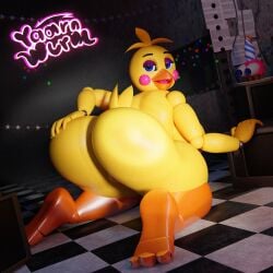 1:1 3d_(artwork) alternate_version_at_source animatronic anthro artist_name ass beak blue_pupils cupcake_(fnaf) digital_media_(artwork) feet female five_nights_at_freddy's five_nights_at_freddy's_2 genitals glistening glistening_butt glistening_feet glistening_legs hand_on_butt hi_res humor kneeling looking_at_viewer looking_back machine mipsmiyu_(modeler) mr._cupcake open_beak open_mouth presenting presenting_hindquarters presenting_to_viewer pupils pussy_peek robot runaboo_chica scottgames solo text toy_chica_(fnaf) vulva watermark yaarnwurm yellow_body