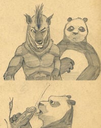 anthro bear boss_wolf bukkake canine cum cum_on_tongue cumshot dreamworks erection fur furry gay handjob humanoid_penis interspecies kung_fu_panda kung_fu_panda_2 male mohawk no_humans nude orgasm panda paramount_pictures penis po sex toned tongue tongue_out tush vein wolf