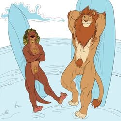 abs anthro balls beach blonde_hair brown_fur chest_tuft closed_eyes crossed_arms feline flaccid fur furry hair lion looking_at_viewer male male_only mustelid negger nude one_eye_closed otter penis pose red_hair seaside standing surf tuft water wink yellow_eyes