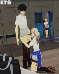 2girls1boy ann_takamaki ann_takamaki_(summer_uniform) blonde_hair blowjob blush brown_eyes brown_hair caught caught_in_the_act closed_eyes eulathighstraps gasp glasses haru_okumura haru_okumura_(summer_uniform) looking_at_another looking_at_partner male/female persona persona_5 ren_amamiya rooftop rooftop_sex school school_uniform