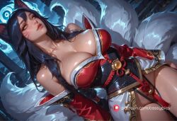 ahri ahri_(league_of_legends) ai_generated breasts chinese_clothes cleavage deep_cleavage dutch_angle facial_markings female female_only fox_ears fox_girl kimono kitsune league_of_legends nine_tailed_fox portrait red_dress slim_waist slit_pupils squeezing standing thick_thighs tight_clothing wide_hips