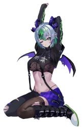 1girls absurdres arms_behind_head arms_up belly belly_button big_breasts black_boots black_hoodie black_nails black_panties black_pants boots breasts cross_pasties demon_girl demon_horns demon_wings female froot green_eyes green_hair hair_ornament highleg highleg_panties highres hips hood hoodie horns indie_virtual_youtuber large_breasts looking_at_viewer midriff miei multicolored_hair multiple_horns nail_polish navel nipple_pasties one_eye_closed open_fly panties pants pasties pointy_ears purple_shorts shorts sideboob slim_waist solo stomach streaked_hair suspender_shorts suspenders thighhighs thighs thong thong_straps torn_clothes torn_pants torn_thighhighs tummy underboob underwear virtual_youtuber vtuber waist wide_hips wings x_hair_ornament