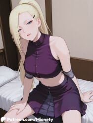 ai_generated arm_support artist_name bare_shoulders bed bedroom blonde_hair blue_eyes breasts buttons collarbone crop_top cropped_shirt english_text female forehead hair_ornament hair_over_one_eye hairclip half-closed_eyes high_ponytail indoors ino_yamanaka jujutsu_kaisen large_breasts lips long_hair looking_at_viewer medium_breasts midriff miniskirt mionety naruto naruto_(series) naruto_shippuuden navel on_bed parted_lips patreon_username pillow pleated_skirt ponytail purple_shirt purple_skirt shirt sitting skirt sleeveless sleeveless_shirt smile solo subtitled