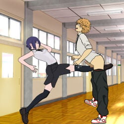 denji_(chainsaw_man) reze_(chainsaw_man) chainsaw_man ballbusting ballbusting_orgasm ballbusting_induced_orgasm cum_in_sock hard_cock clothed amateur_artist ejaculation cbt cock_and_balls_torture kicking_balls kicking