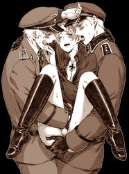 3boys ass_grab axis_powers_hetalia blush boots bottomless carrying crossdressing ear_licking fangs feliciano_vargas femboy gay germany_(hetalia) gilbert_weillschmidt girly gloves hat iron_cross italy_(hetalia) licking ludwig_weillschmidt male_only monochrome multiple_boys open_mouth prussia_(hetalia) sweat takosu tongue tongue_out uniform wince yaoi