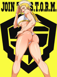 abs ass blonde_female blonde_hair breasts charlemagne_(monsuno) gureko_rouman legs lips lipstick long_hair monsuno sailor sailor_hat sideboob yellow_eyes