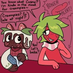 anthro berry_roll_cosmo blushcrunch_studio cosmo_(dandy's_world) cuntboy dandy's_world dialogue duo duo_focus duo_in_panel elemental_creature flora_fauna food food_creature fruit group just_squidding living_fruit male male/cuntboy plant roblox speech_bubble sprout_(dandy's_world) talking_to_another talking_to_viewer text