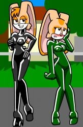 2010s 2013 2_bodysuits 2girls 4_fingers alternate_version_available anthro blonde_hair bodysuit breasts brown_eyes bunny clothing cream_the_rabbit day daytime female female_only fondling_breast fondling_own_breast furry furry_only grass hand_on_breast high_heels image_artifacts jpeg latex latex_clothing latex_suit long_ears mother mother_and_daughter open_eyes outdoors posing rabbit rabbit_ears rubber rubber_clothing rubber_suit sega shennanigma shiny_clothes sonic_(series) sonic_the_hedgehog_(series) standing story_at_source teeth tight_clothing vanilla_the_rabbit