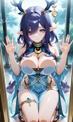 1female 2026 ai ai_art ai_assisted ai_generated anime anime_style antler_ornament antlers bare_shoulders big_breasts blue_eyes blue_outfit blush bodysuit breasts cleavage cute_face cutout cutout_dress dark_purple_hair deer_girl deer_horns detached_sleeves earrings elf_ears female female_focus female_only framed front_view genshin_impact girl hands_up hazelnut_bee hi_res high_resolution highres hips horns hoyoverse indoors jewelry kneeling large_breasts lauma_(genshin_impact) leotard looking_at_viewer mirror neck_ring necklace open_hands pointy_ears purple_hair ring sandals seiza side_cutout solo solo_female tagme thigh_focus thigh_strap thighs underboob watermark white_outfit white_skin wide_hips window