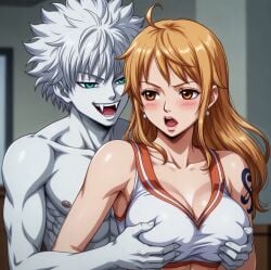 1boy 1boy1girl ai_generated alternative_universe blue_eyes cheerleader cheerleader_uniform crossover crossover_pairing crossover_shipping female hand_on_breast hunter_x_hunter interspecies killua_zoldyck male male/female nami nami_(one_piece) one_piece orange_hair pale-skinned_male straight tatoo teenager vampire vampire_fangs white_hair