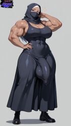 1futa ai_generated big_balls big_breasts big_penis bulge bulge_through_clothing flaccid flaccid_penis futanari hijab huge_balls huge_cock hyper_muscles hyper_penis large_penis muscular_futa penis_bulge