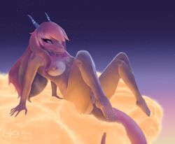 breasts dragon dragoness female hair horn human_feet opusmagenum pink_hair pussy starry_sky uncensored