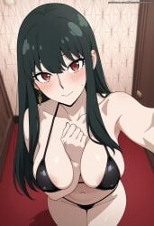 ai_generated arm_between_breasts armpit bikini bikini_bottom bikini_top black_hair blush blushing blushing_at_viewer collarbone cute cute_face cute_pose earring hand_between_breasts high_angle long_hair looking_at_viewer looking_up_at_viewer mastarblastar medium_breasts natural_breasts nipple_slip red_eyes selfie selfie_pose slim_waist spy_x_family straight_hair suggestive suggestive_gesture suggestive_look suggestive_pose wide_hips yor_briar yor_forger