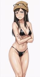 angry_expression annoyed arms_crossed beanie bikini black_bikini blunt_fringes brown_hair cel_shading censored cleavage commission detailed_anatomy digital_illustration eizouken_ni_wa_te_wo_dasu_na! female female_only freckles glasses glasses_on_head grey_eyes gritting_teeth hat high_quality high_specular_highlights kanamori_sayaka latex_bikini lollololli long_hair looking_at_viewer micro_bikini navel oily_skin original petite petite_body request requested shiny_bikini shiny_skin simple_background small_breasts small_figure soft_shading solo standing stomach_definition straight_hair tan_beanie vinyl_bikini white_background wide_hips