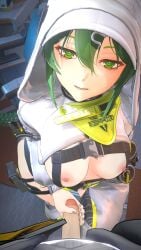 1girls arknights:_endfield crocodile fluorite_(arknights:_endfield) green_eyes green_hair handjob jacket