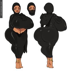 1girls ass beauty_mark bimbo breasts bubble_butt cleavage covered_mouth curvy dark-skinned_female face_mask female female_only full_body half-closed_eyes hijab huge_ass huge_breasts impossible_clothes mole_under_eye nipple_bulge niqab pamg solo thehelmetguy voluptuous white_background